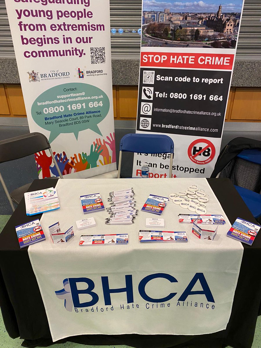 BHCA_UK's tweet photo. We're all ready for #Freshersfayre at @UniofBradford @BradfordUniSU this morning. Come and say hi, get some information on our new reporting app and learn why we all need to call out hate crime. #hatecrimeawareness #ListenBradford #SaferForEveryone https://t.co/vgtyS0iX7f