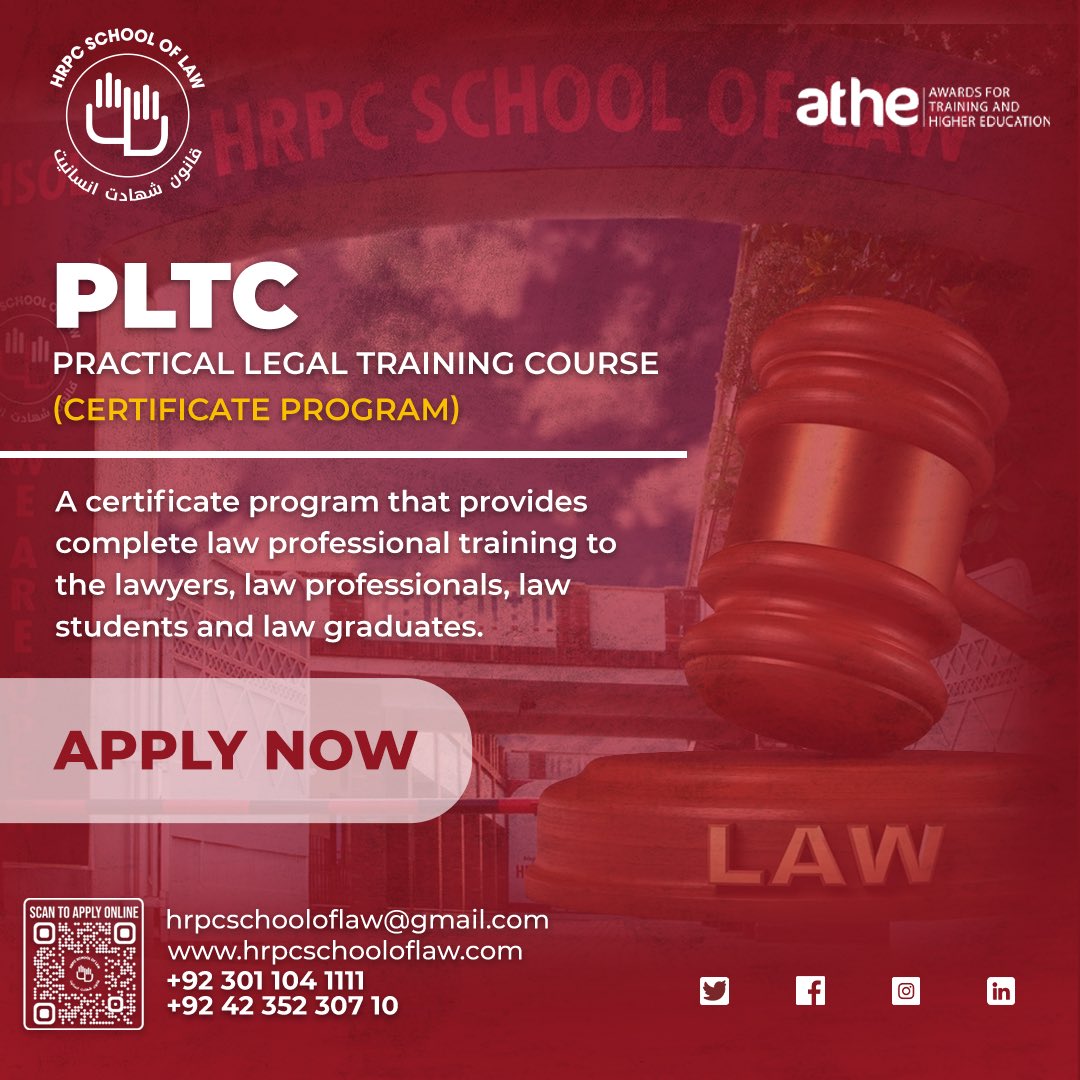 HrpcLaw's tweet image. Join us now for the Practical Legal Training Course.
A certificate program that provides a complete law professional training to law professionals.

Apply now!
For more about our programs:
Call or WhatsApp us at: +92 301 1041111 or 042-35230710

#HRPCSchoolofLaw #HSOL #PLTC #LLB
