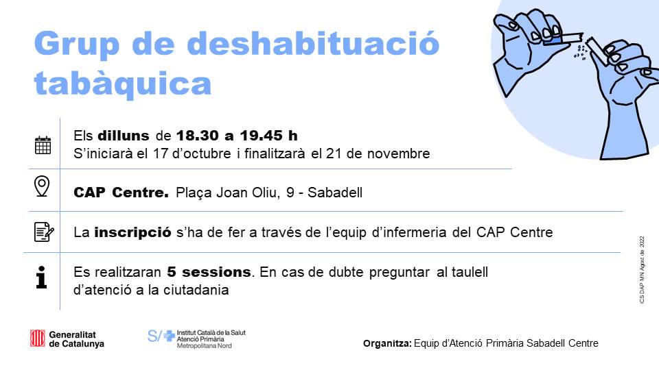apicsmetronord's tweet photo. 📌 Grup de deshabituació tabàquica per a persones usuàries del #CAPCentre #Sabadell
🗓️ els dilluns
🕤 18:30 a 19:45h
📍 #CAPCentre @sbdsalut
✏️ Consulta com participar-hi
⚠️ Inici 17 d'octubre https://t.co/S7klpSjnPM
