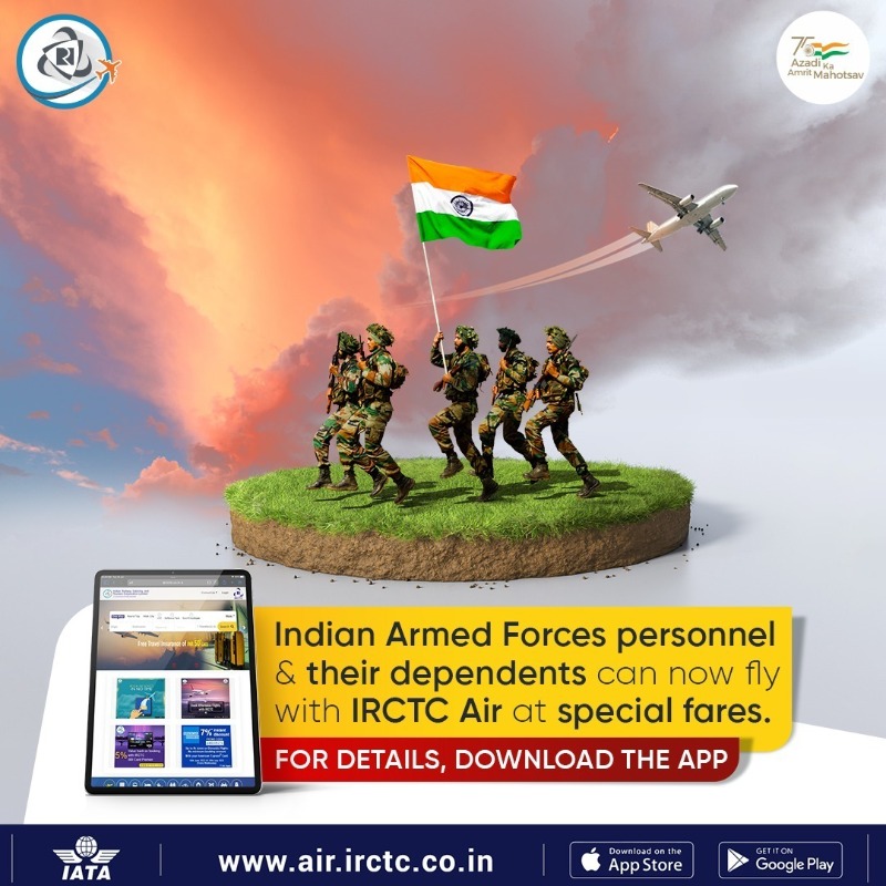 IRCTCofficial's tweet photo. We offer #special #DefenceFares to Indian Armed Forces personnel &amp; their dependents! To #avail of the #offer, #book #flights for #travel anywhere in #India through #IRCTCAir's website or app. For details, T&amp;C &amp; other #booking benefits, visit https://t.co/fLKvfBMuK7 #IRCTC #Air