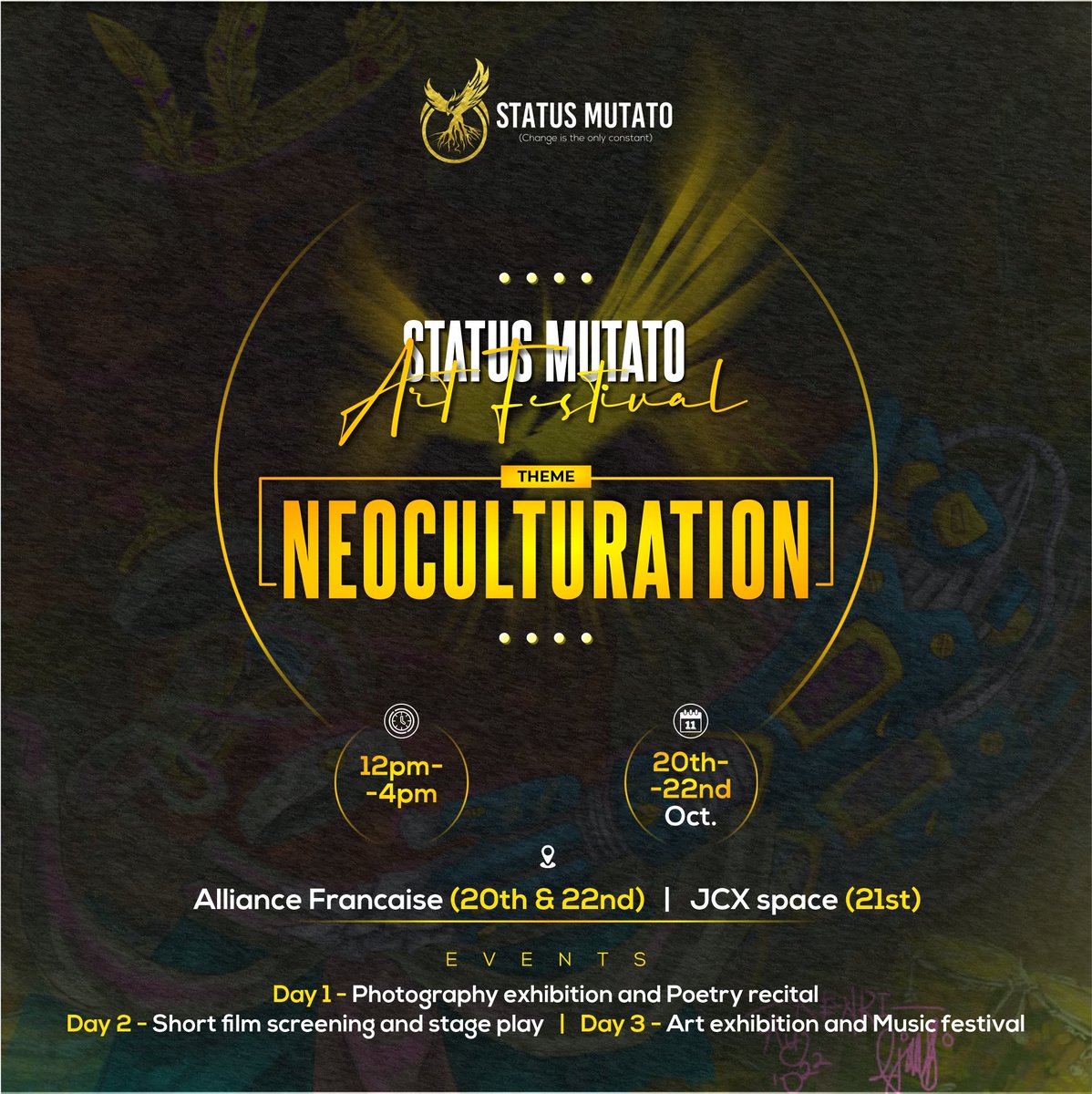 StatusMutato's tweet photo. Mark your calendars 🗓️
You don't want to miss this year's festival.
See you soon 🎉
#changeistheonlyconstant
#neoculturation
#fortheculture✊🏾
#statusmutato
#artfestival https://t.co/qJctiJ0OEj