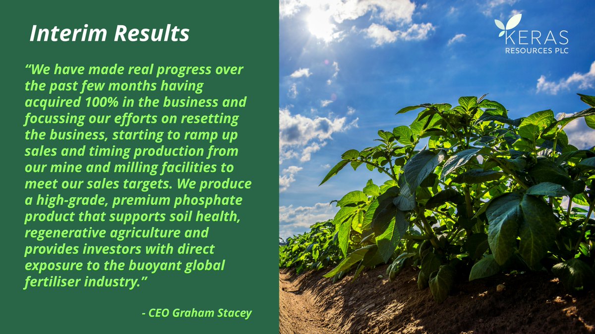 kerasplc's tweet photo. 📢RNS Alert - Interims📢 #KRS announced our half year results today. Hightlights include...

✅Building Keras into a cash-generative producer of high-grade premium organic fertiliser in the North American market
✅Increased ownership of Diamond Creek phosphate mine, Utah to 100% https://t.co/haGPO9lOIR