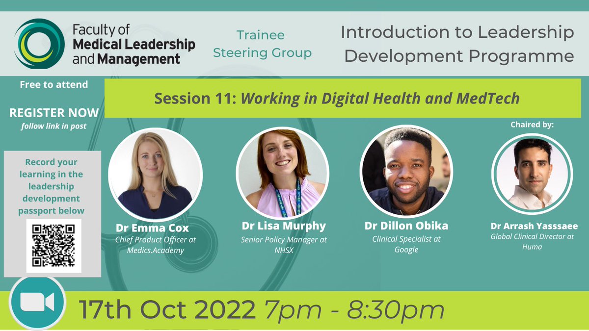 FMLM Trainee Steering Group (@fmlm_tsg) on Twitter photo We are excited to announce our next webinar focussing on Digital Health +MedTech. 3 fascinating speakers from across the industry will share their own experiences, as we look towards the future of this exciting area of healthcare <a href="/FMLM_UK/">Faculty of Medical Leadership and Management</a> <a href="/ArrashYassaee/">Arrash Arya Yassaee</a>
fmlm.ac.uk/events/fmlm-tr… We are excited to announce our next webinar focussing on Digital Health +MedTech. 3 fascinating speakers from across the industry will share their own experiences, as we look towards the future of this exciting area of healthcare <a href="/FMLM_UK/">Faculty of Medical Leadership and Management</a> <a href="/ArrashYassaee/">Arrash Arya Yassaee</a>
fmlm.ac.uk/events/fmlm-tr…