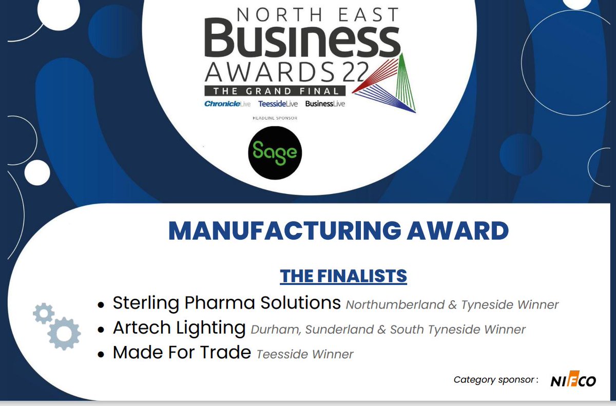 NEBizAwards's tweet photo. At the Grand Final of the 2022 #NEBizAwards tomorrow night we'll be announcing the overall regional winner of the Manufacturing Award, sponsored by @NifcoUK  

3 very strong candidates...
- @sterling_pharma 
- @ArtechLighting 
- @MadeForTrade1 

Best of luck to you all!  🏆 https://t.co/tCbvs8nm1a