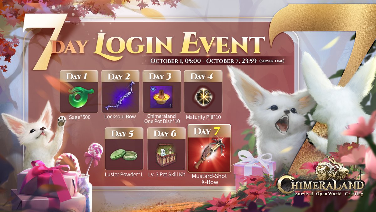 Chimeraland's tweet photo. 🎁 7-Day Login Special Event 🎁
 
Hello Travelers!

I’ve got another login event for you! From Oct.1 - Oct.7, log in to Chimeraland daily to receive some awesome rewards!

#Chimeraland #LoginEvent #Benefits https://t.co/dYrQsUC3XC