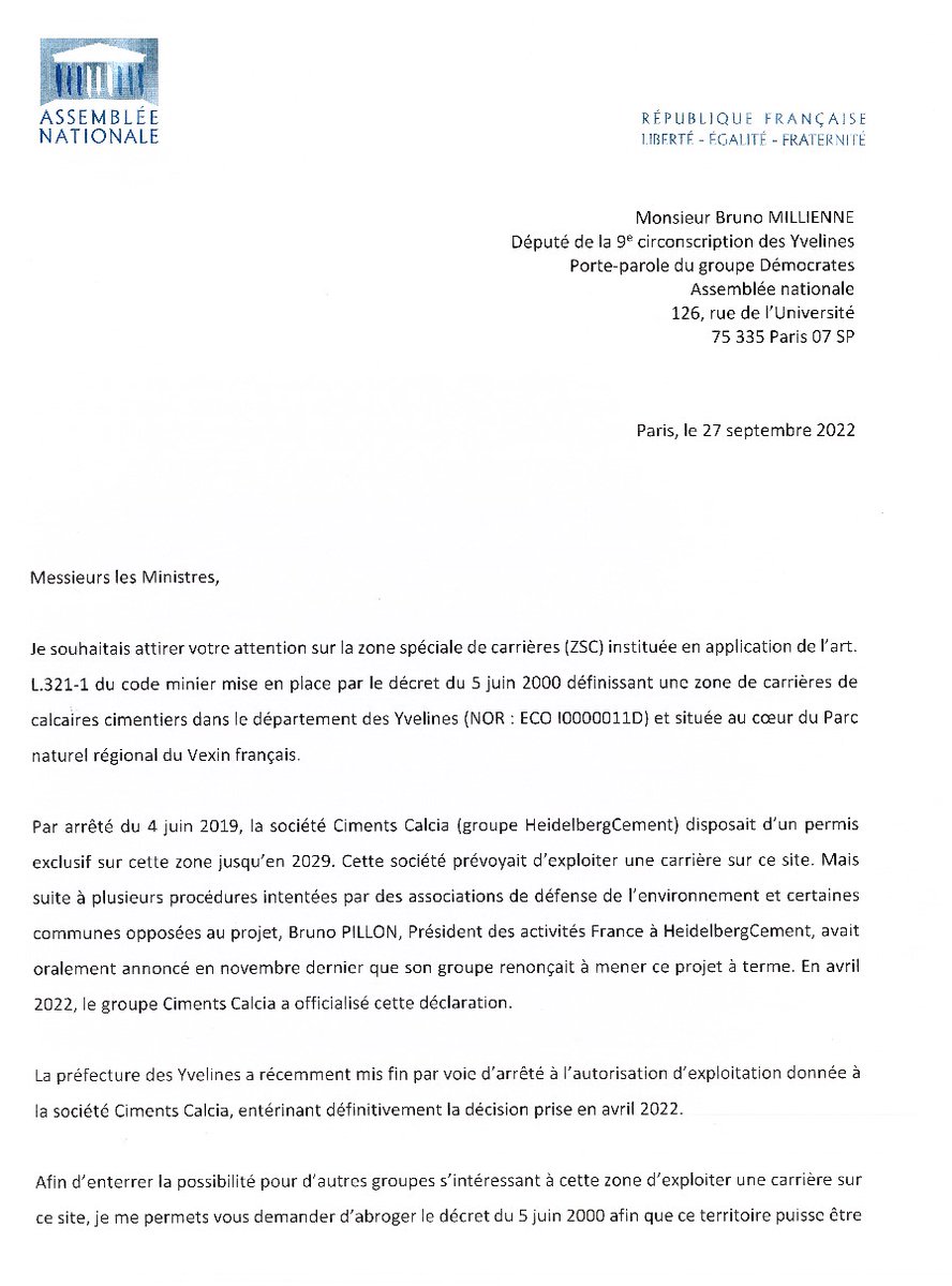 BrunoMillienne's tweet photo. Alors que le @Prefet78 a mis fin à l'autorisation d'exploitation donnée à Calcia, j'ai écrit ce matin aux ministres @ChristopheBechu et @BrunoLeMaire pour qu'ils abrogent le décret du 5 juin 2000 et ainsi permettre à la #Zone109 de réintégrer le PNR du Vexin français. https://t.co/LzlR1sDAiL