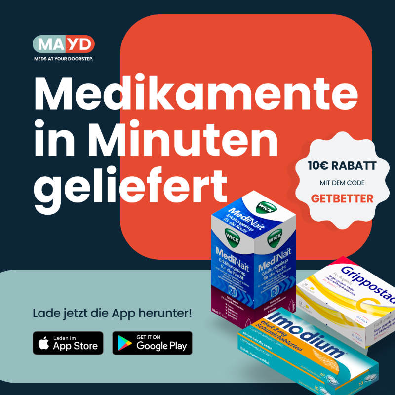 MAYD_App's tweet photo. Finde eine große Auswahl an Medikamenten und Beauty- &amp; Pflegeprodukten in wenigen Minuten zu dir geliefert 🚴‍♀️💨