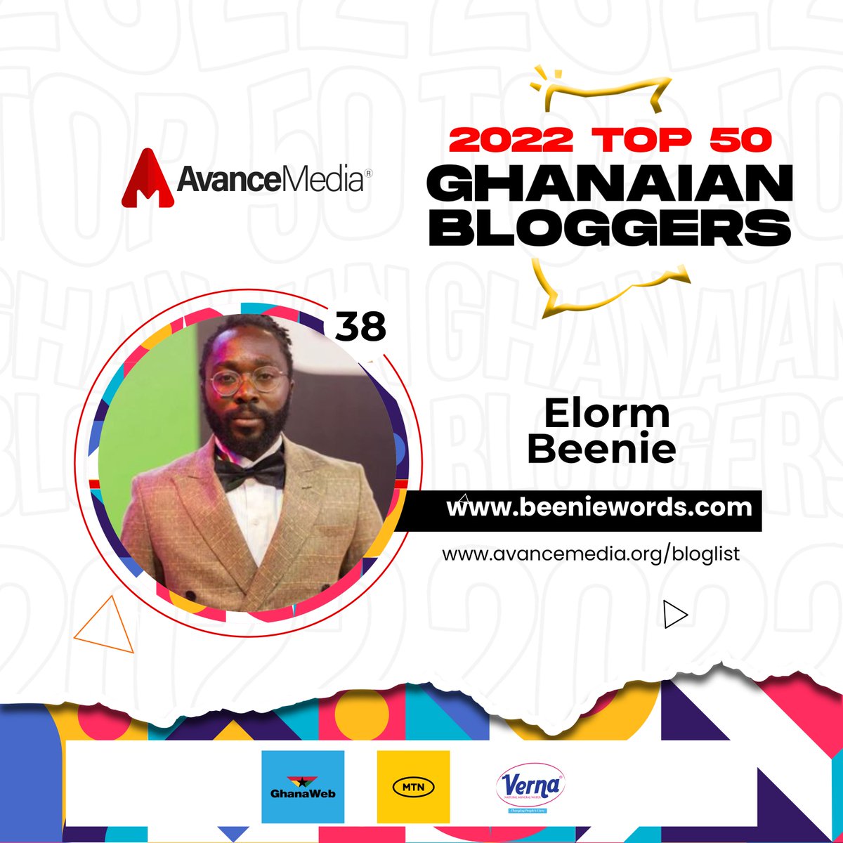 avancemedia's tweet photo. Congratulations to Elorm Beenie, on ranking as No. 38 on Avance Media's 2022 Top 50 Ghanaian Bloggers ranking with the blog https://t.co/PxdgQVKWzU
@ElormBeenie
@BeenieWords
Visit https://t.co/kHROGk1L2G for full list
#AvanceMedia #TopGHBloggers https://t.co/FFBmrHZs1D