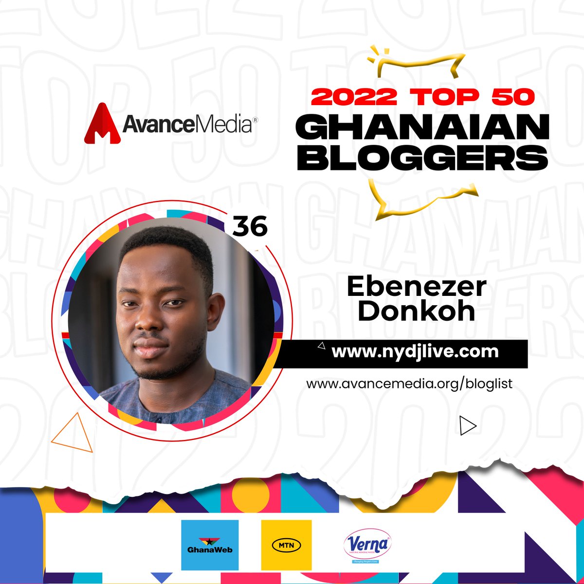 avancemedia's tweet photo. Congratulations to Ebenezer Donkoh, on ranking as No. 36 on Avance Media's 2022 Top 50 Ghanaian Bloggers ranking with the blog https://t.co/jQVmABNll6
@nydjlivedotcom
@nydjlive
Visit https://t.co/kHROGk1L2G for full list
#AvanceMedia #TopGHBloggers https://t.co/OENskJLXK5