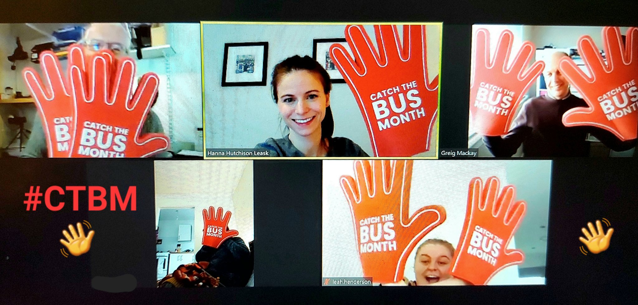 a bus users virtual team meeting with giant red hands being waved