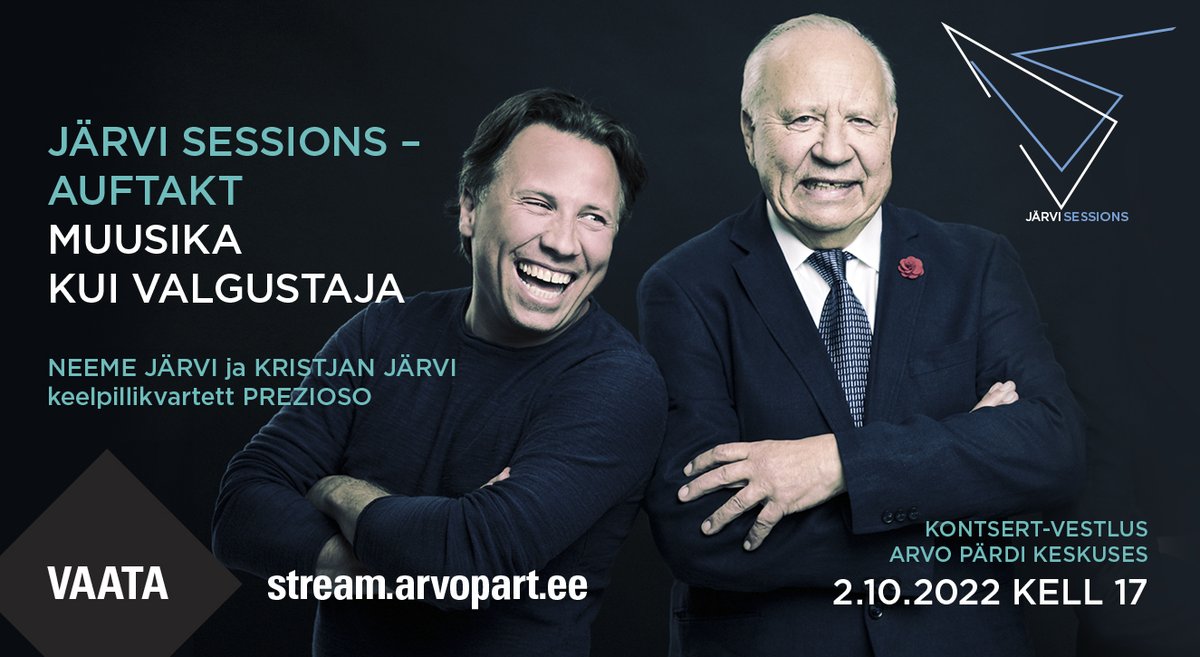 Arvo Pärt Centre (@arvopartcentre) on Twitter photo JÄRVI SESSIONS ‒ a new way to look at leadership, life conducting, creating, and inspiring each other!
Join us on 2 Oct at 5pm at the Arvo Pärt Centre with #prezioso string quartet. The talk will be in Estonian.
Live at👉stream.arvopart.ee
<a href="/Kristjanjarvi/">Kristjan Järvi</a> <a href="/NeemeJarvi/">Neeme Järvi</a> JÄRVI SESSIONS ‒ a new way to look at leadership, life conducting, creating, and inspiring each other!
Join us on 2 Oct at 5pm at the Arvo Pärt Centre with #prezioso string quartet. The talk will be in Estonian.
Live at👉stream.arvopart.ee
<a href="/Kristjanjarvi/">Kristjan Järvi</a> <a href="/NeemeJarvi/">Neeme Järvi</a>