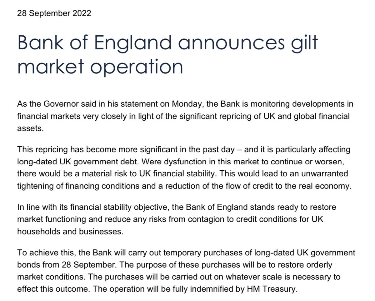 This could hardly be more serious. The Bank of England says if it doesn’t step in to buy long-term Government debt TODAY “there would be a material risk to UK financial stability”