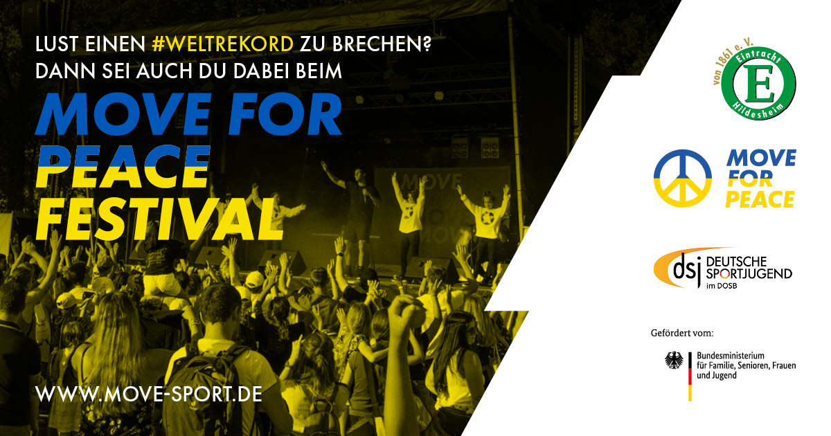 dsj4sport's tweet photo. Hast du Lust einen Weltrekord knacken?
Dann sei dabei beim #MOVE4PEACE Festival am 9. Oktober 2022 bei Eintracht Hildesheim 💙💛
Am besten du übst schon mal den MOVE Tanz und bereitest dich auf den Weltrekordversuch vor: https://t.co/9Ury45cNJv
Wir freuen uns auf dich! https://t.co/xj8wVeDCfP