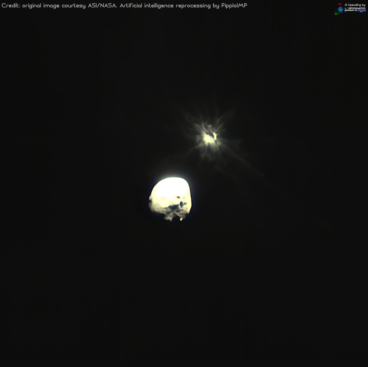 LPipplo's tweet photo. Here are the reprocessed images,using #ArtificialIntelligence,taken by the Italian #ASI's #LICIACube.The probe was part of #NASA's #DART mission. The camera used is the #LUKE. The #Didymos system is cleary visible with the plumes of material from moon #Dimorphos.
๐Yours #Pipplo https://t.co/elVPSkIvNg