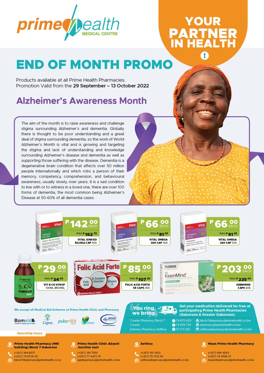 BotswanaMri's tweet photo. Blood cancer awareness and Alzheimer awareness are observed throughout September.
Visit Prime Health Pharmacy for selected products on promotion at;
✅Block 7 Gaborone
✅Airport Junction Mall
✅Setlhoa (Block 10)
✅Maun
#ChangePerceptions #primehealth #antistigma https://t.co/C4qQmnWPJU