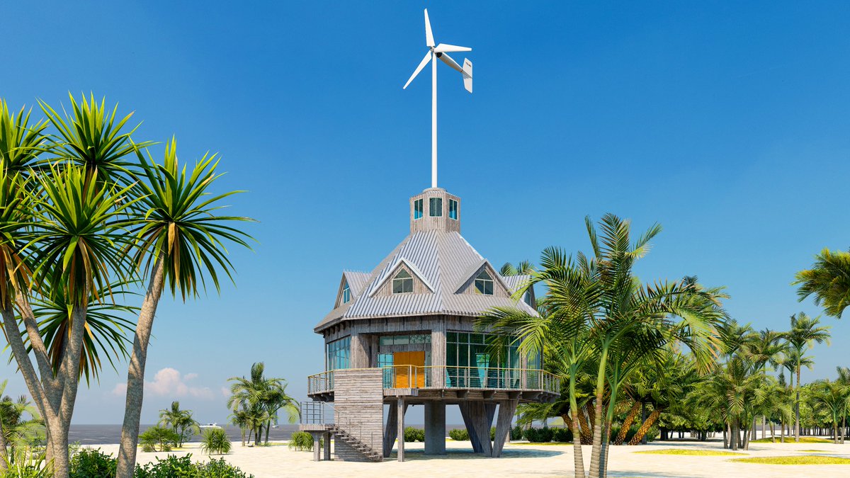 RobertRahbaba's tweet photo. If you lived in this Dune Tower on Marco Island FLA, the wind would have charged all your storage batteries for plenty of power, and your living space would be 3m above the storm surge.  Survive #HurricaneIan. https://t.co/K4KbYXwJuK