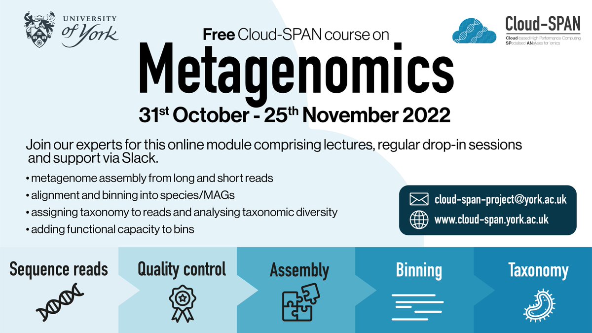 📢 Researchers: are you currently working on metagenomic assembly and would like to assess the quality using SeqKit? 

Register for Metagenomics and receive guidance from our friendly instructors cloud-span.york.ac.uk  

Diversity &amp; Hardship Scholarships – deadline 17 October