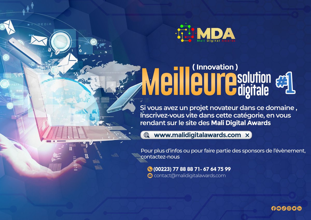 AwardsMali's tweet photo. Vous #innovez dans le domaine de la transformation #digitale ? Les #MDA2022 vous offrent l’occasion d'être accompagnés et suivis dans la mise en œuvre de votre #projet.
Tentez votre chance ici : https://t.co/6KkdPbg7WG
#MaliDigitalAwards #Salon #Numérique #Tech https://t.co/AcPAEZgZNb