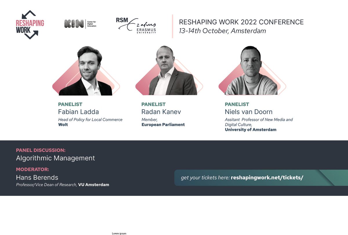 reshaping_work's tweet photo. 👉Algorithmic Management 
This panel aims to discuss how algorithms can/should be managed, how platformisation is being adopted by traditional companies and the implications for the #futureofwork as we know it. https://t.co/eDJ5Ptla6n