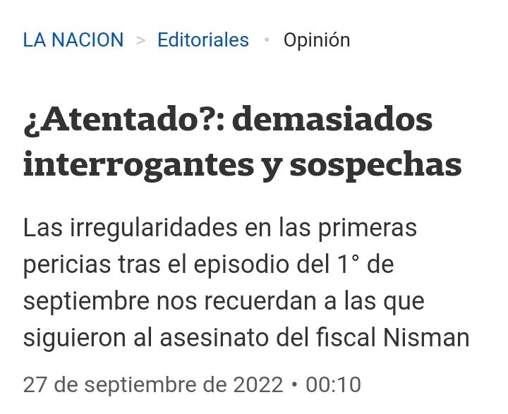 etchichury74's tweet photo. 150-year-old conservative daily @LANACION runs striking editorial, describing assessination attempt against VP @CFKArgentina as a probable hoax ---staged to favor her.

The title includes the word "attack" between #QuestionMarks https://t.co/7YtviWDaUG