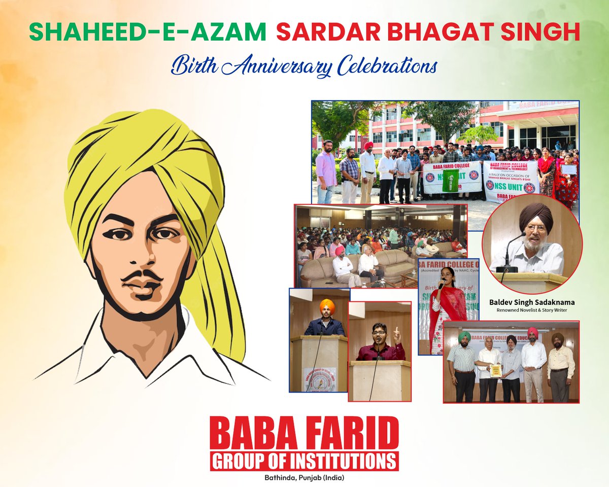 BabaFaridGroup's tweet photo. Baba Farid Group of Institutions celebrated the Birth Anniversary of Shaheed-E-Azam S. Bhagat Singh at its Campus. Renowned Novelist and Story Writer S. Baldev Singh Sadaknama, for an Extension Lecture on the life of Bhagat Singh.
#BFGI #BFCE #BFC #BFCMT #BhagatSingh https://t.co/6pL6fTLDrq