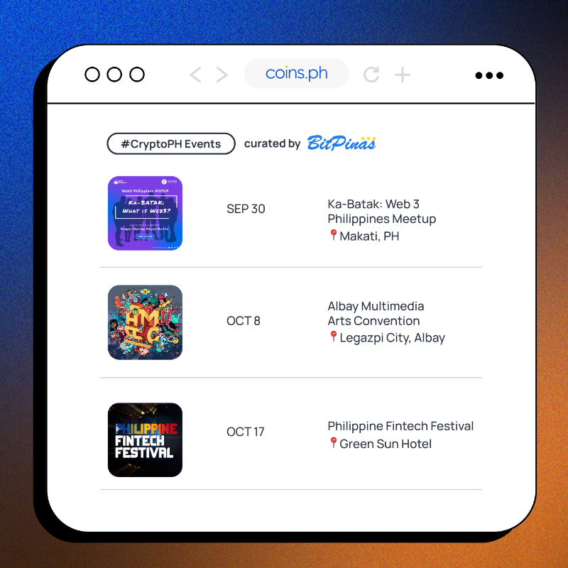 coinsph's tweet photo. Another week, another #CryptoPH Catchup! Make sure check this week’s events curated by our @bitpinas frens too 🤝
 
1️⃣ @FaZeClan &amp; @TheSandboxGame to build Faze World
2️⃣ @EpicGames launches its first blockchain game
3️⃣ @ethereum's energy consumption down 99.99% after the Merge