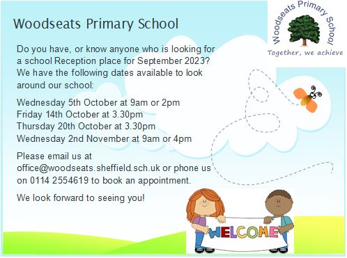 Are you looking for a Reception place for your child for September 2023?  Call or email us to book an appointment to look around our school.  If you can't make any of the dates below, please get in touch and we will do our best to book a date to suit you.