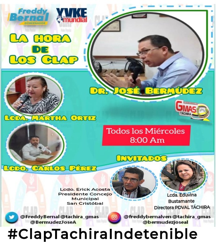 Hoy #Miércoles28Sept Sintoníza la 94.5 FM <a href="/YvkeTachira/">Yvke Tachira</a>,"La Hora de los Clap",con  la Lcda. <a href="/EduvinaTachira/">Eduvina Bustamante</a> Directora de #PdvalTachira y el Lcdo. Erick Acosta Pte. del Concejo Municipal de San Cristóbal
¡No te lo pierdas!
#ClapTachiraIndetenible 
<a href="/FreddyBernal/">Freddy Bernal</a> 
#soycomunicadorclap