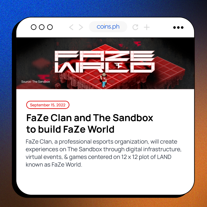 coinsph's tweet photo. Another week, another #CryptoPH Catchup! Make sure check this week’s events curated by our @bitpinas frens too 🤝
 
1️⃣ @FaZeClan &amp; @TheSandboxGame to build Faze World
2️⃣ @EpicGames launches its first blockchain game
3️⃣ @ethereum's energy consumption down 99.99% after the Merge