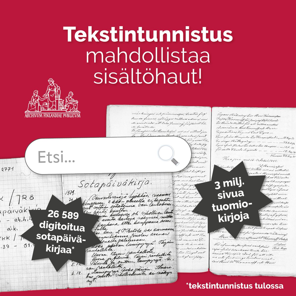 Sisältöhaku 3 milj. käsinkirjoitettuun sivuun 1800-luvulta? Onnistuu. Entä 26589 sotapäiväkirjaan talvi-, jatko- ja Lapin sodista? Tulossa!

Kansallisarkiston tekemä työ käsinkirjoitetun tekstin tunnistamisessa on nyt huomioitu 🥁 julkisen sektorin innovaatiobarometrissä! #HTR
