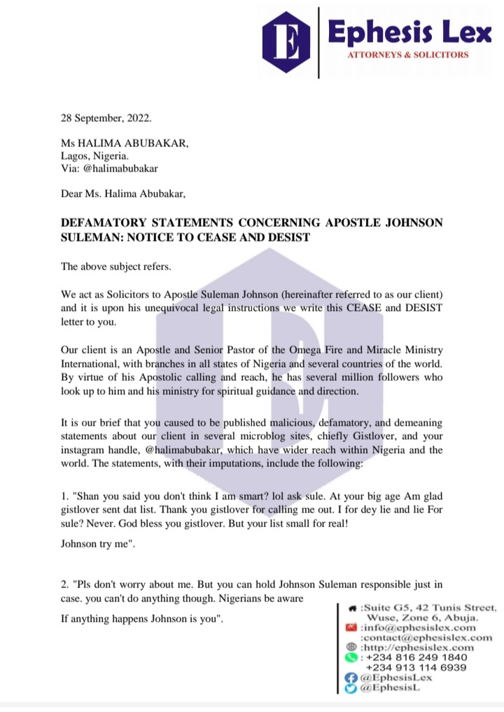 EphesisL's tweet photo. Defamatory statements of the Nollywood actress, Halima Abubakar, concerning our client, @APOSTLESULEMAN: 
NOTICE TO CEASE AND DESIST https://t.co/l7reFippnx