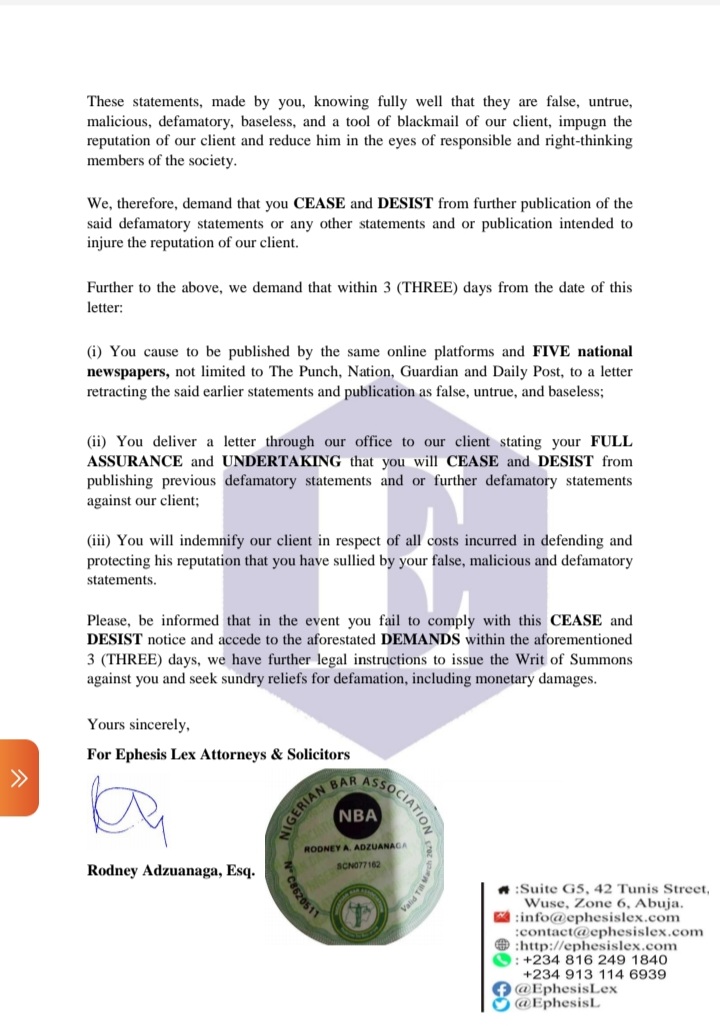 Defamatory statements of the Nollywood actress, Halima Abubakar, concerning our client, <a href="/APOSTLESULEMAN/">Apst Johnson Suleman</a>: 
NOTICE TO CEASE AND DESIST