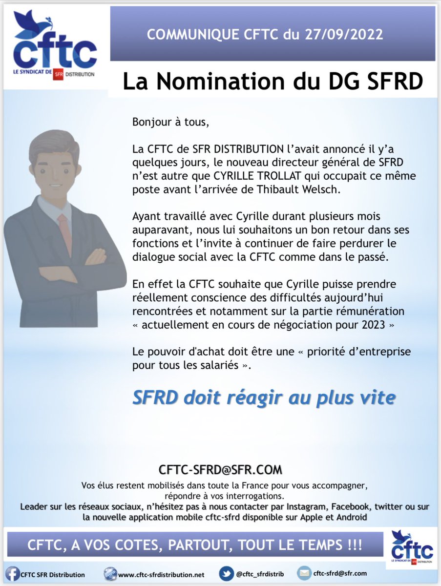 cftc_sfrdistrib's tweet photo. Bonjour à tous
COMMUNIQUE DU JOUR #CFTC
Le retour de Cyrille TROLLAT « DG SFR DISTRIBUTION »
#cftcavoscotes #sfrd #sfrdistribution https://t.co/SS6xsdJdgB