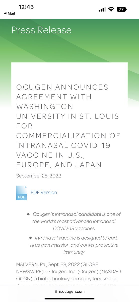 OCUGEN ANNOUNCES AGREEMENT WITH WASHINGTON UNIVERSITY IN ST. LOUIS FOR COMMERCIALIZATION OF INTRANASAL COVID-19 VACCINE IN U.S., EUROPE, AND JAPAN