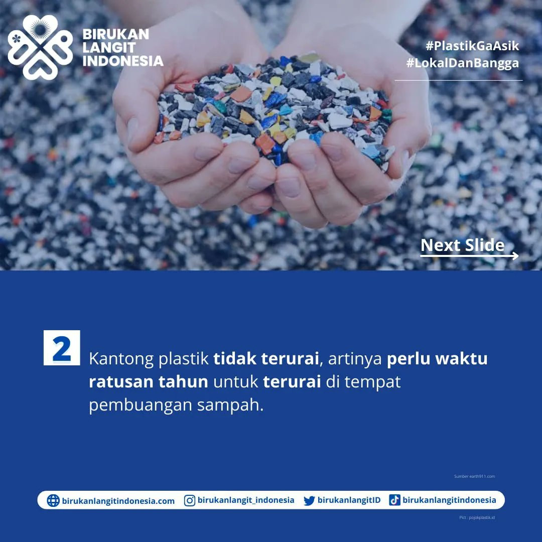 birukanlangitID's tweet photo. Hallo, sobat Birukan Langit Indonesia!

Kalian wajib tahu Perlunya Mendaur Ulang Sampah Plastik yang ada dalam informasi satu ini!

Geser untuk simak informasi lengkapnya dalam postingan ini ya!

#BirukanLangitIndonesia
#PlastikGaAsik
#LokalDanBangga https://t.co/ziczEtmc64