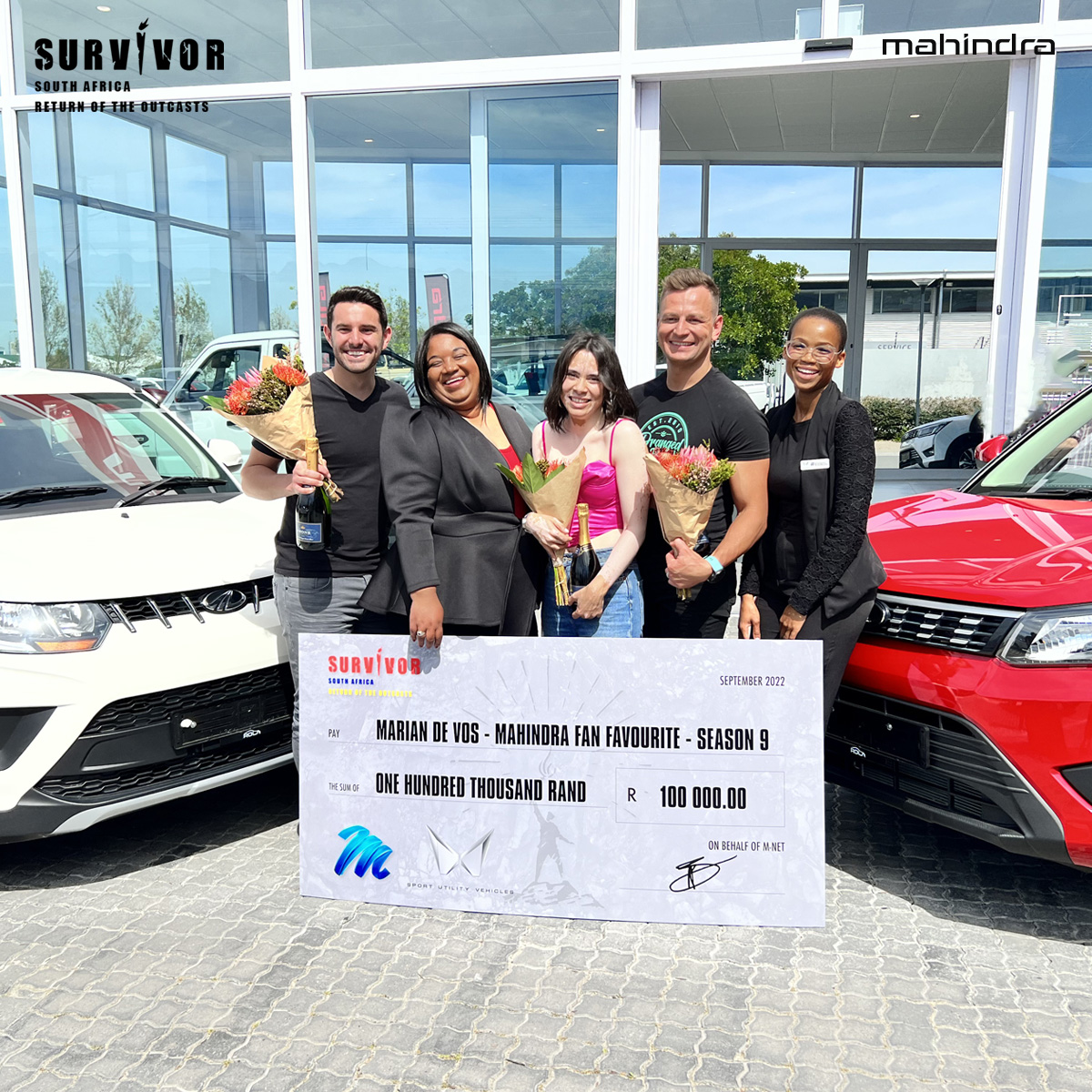 Mahindra_SA's tweet photo. We have finally arrived at this proud moment! A  heartfelt congratulations from the bottom of our engines to our #SurvivorSA winners -Marian, Chappies and Dino for your outstanding resilience and perseverance.

#UnleashTheExplorerInYou!
#MahindraSA #ReturnOfTheOutcasts https://t.co/qEAWwWWEQ1