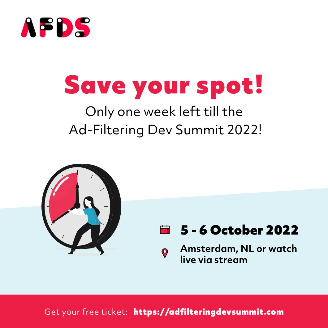 eyeo's tweet image. We are just one week away from the Ad-Filtering Dev Summit and are looking forward to seeing you in Amsterdam, at Capital C, on the 5th and 6th of October. 

Save your spot now at  adfilteringdevsummit.com/#register 

#adfiltering #ADFS2022