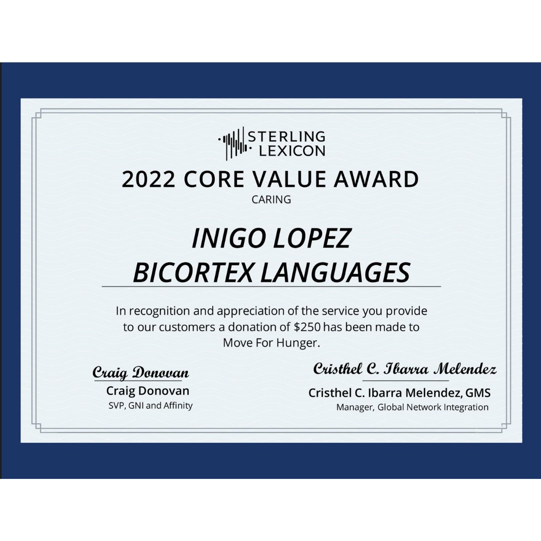 BicortexL's tweet photo. Our CEO, Inigo Lopez and The BiCortex Languages Team is proud to have received the 2022 Core Value
Award from Sterling Lexicon.

Thank you, @SterlingLexicon!

#award #values #ethics #sterlinglexicon #bicortexlanguages #languageschool #languagelearning https://t.co/UMjWhIiTni