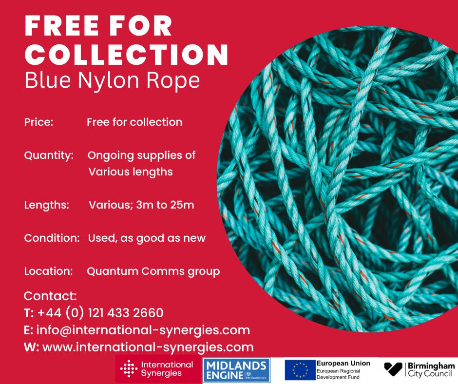 BASIS_ISL's tweet photo. Currently available in the West Midlands. A regular supply of blue nylon rope previously used for ducting. Length varies.
#Industrialsymbiosis #Environment #westmidlands #GBSLEP #BASIS #recycling #ERDF #Birmingham https://t.co/RDFWtlcvIE