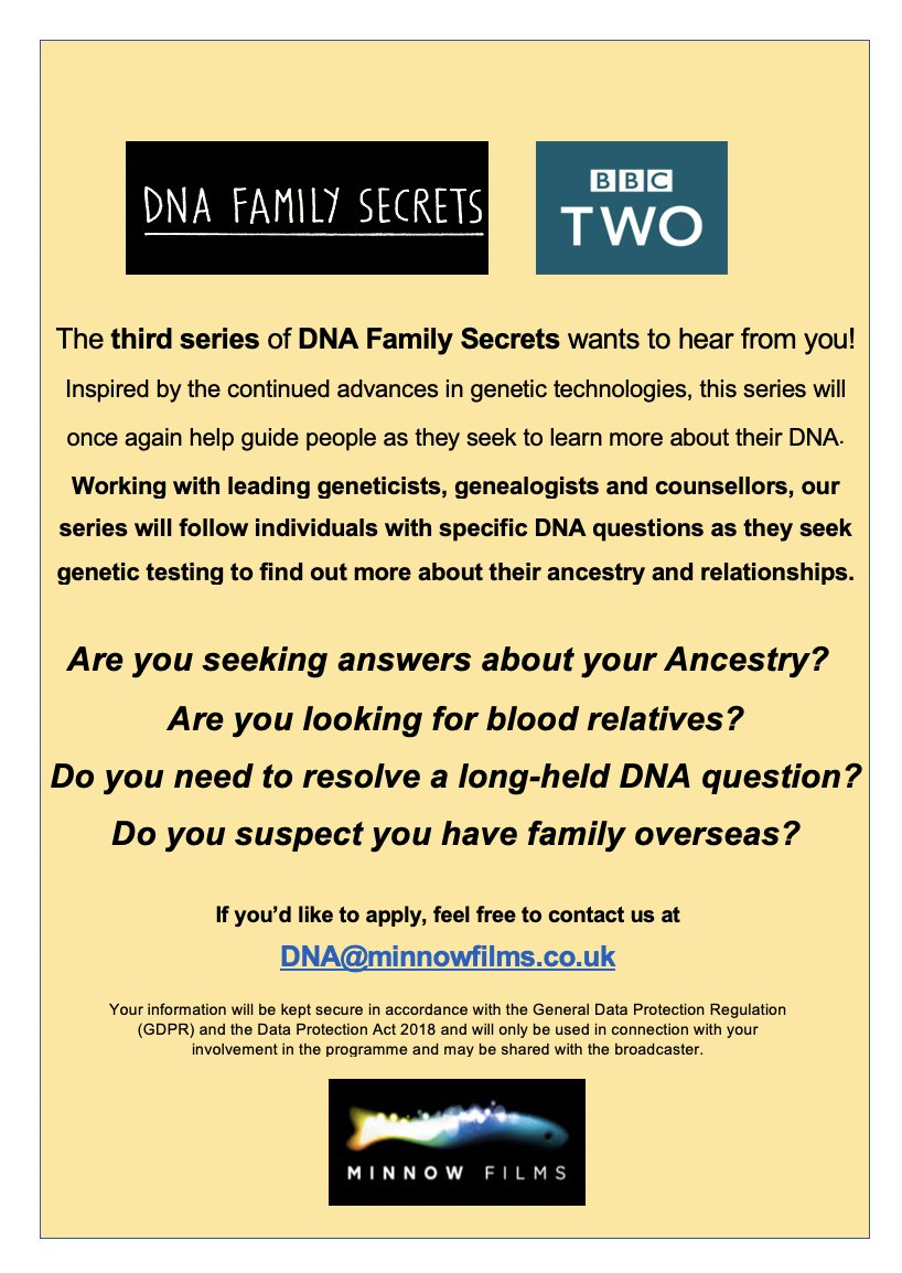 DNA Family Secrets Series 3 is now casting and looking for people who want to find out more about their heritage and ancestry. 
Apply now at: DNA@minnowfilms.co.uk 
 #DNAFamilySecrets <a href="/BBCTwo/">BBC Two</a> <a href="/Turi__King/">Prof.Turi King</a>
