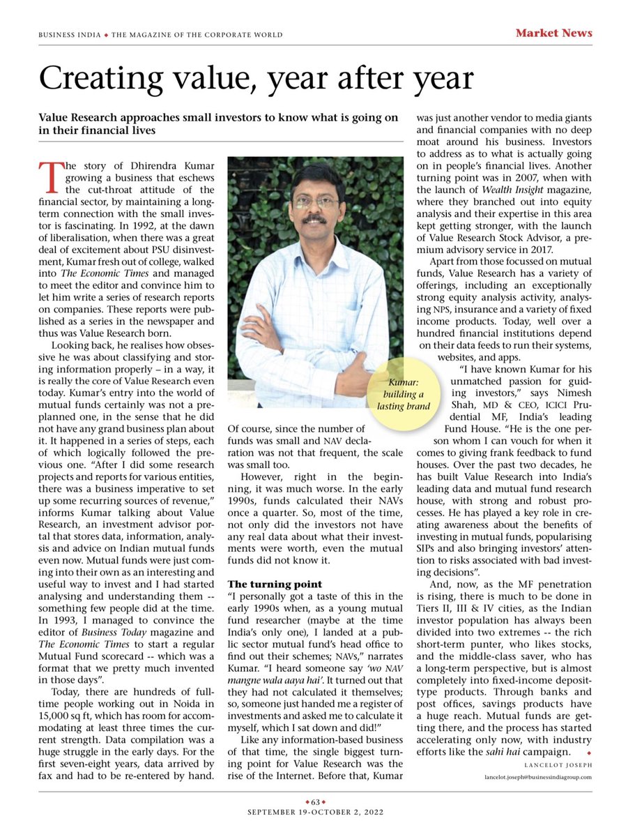 ambakhshi's tweet photo. Here is one of the most powerful stories of building a lasting brand @ValueResearch by @dhirendra_vr. His contribution to mutual funds and retail investors remains unmatched today @BusinessIndia1 https://t.co/TSqRC5PEhu