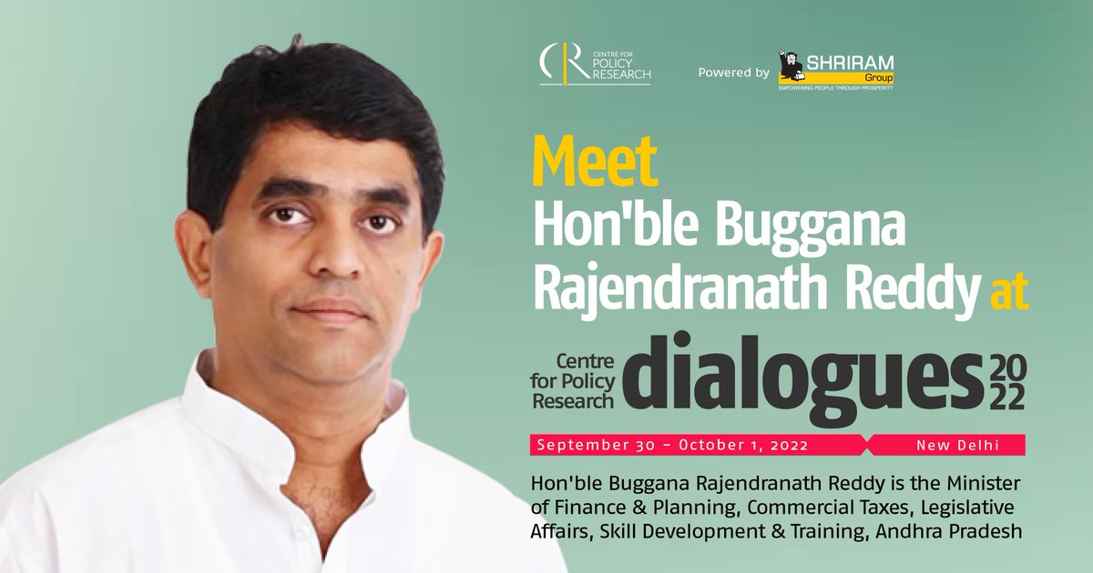 CPR_India's tweet photo. Meet @BugganaRaja, Minister of Finance & Planning, Commercial Taxes, Legislative Affairs, Skill Development & Training, Andhra Pradesh at #CPRDialogues2022
See you soon! #CPRDialogues https://t.co/EI1Dr0is6S