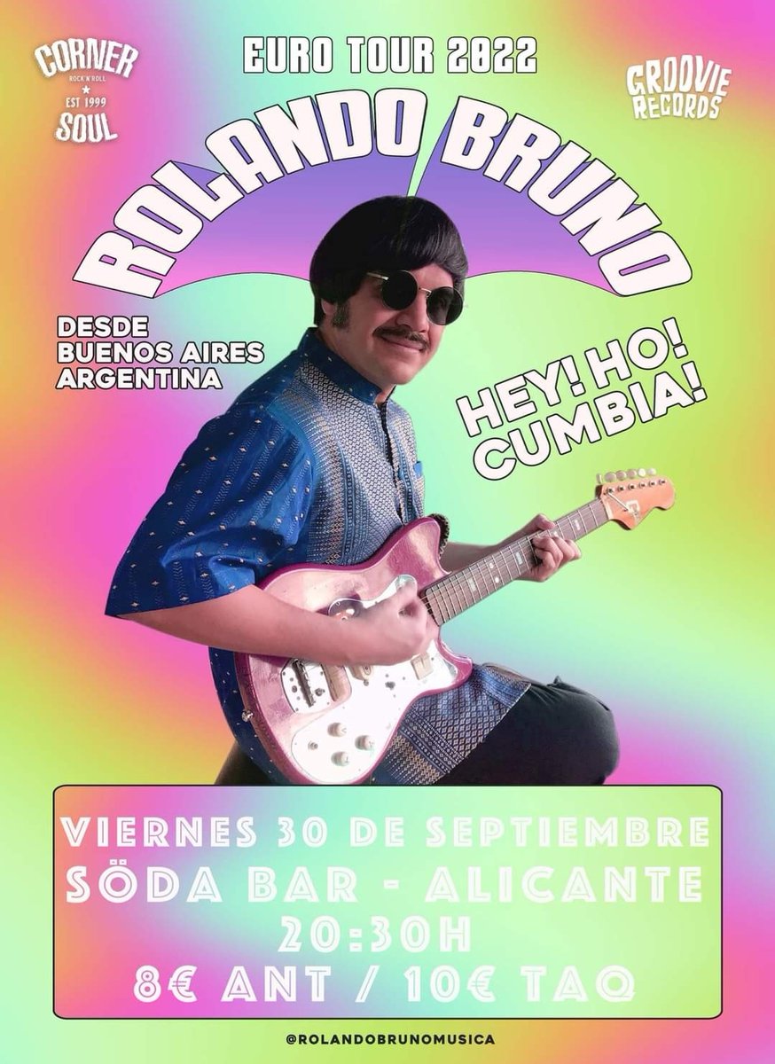 UnFulgorDe's tweet photo. ¡La cumbia de Rolando Bruno (@rolandobruno) llega a Alicante este viernes!

📍 SÖDA Bar (@barsoda)
🗓 30 de septiembre
⏰20:30h
🎟️https://t.co/AYWbPan6Jb https://t.co/SETvJIz1He