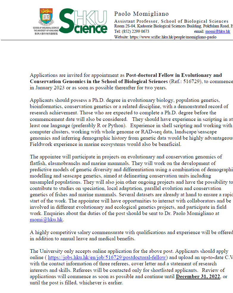 Paolo Momigliano (@paolomomigliano) on Twitter photo Got a PhD in ecological, population, or conservation genetics? Wanna work on projects combining seacsape genetics, demographic modelling and conservation of marine organisms? Work with me <a href="/HKUSBS/">HKU School of Biological Sciences</a> ! #postdocjobs Apply here: jobs.hku.hk/en/job/516729/…
PS: Hong Kong ended quarantine Got a PhD in ecological, population, or conservation genetics? Wanna work on projects combining seacsape genetics, demographic modelling and conservation of marine organisms? Work with me <a href="/HKUSBS/">HKU School of Biological Sciences</a> ! #postdocjobs Apply here: jobs.hku.hk/en/job/516729/…
PS: Hong Kong ended quarantine