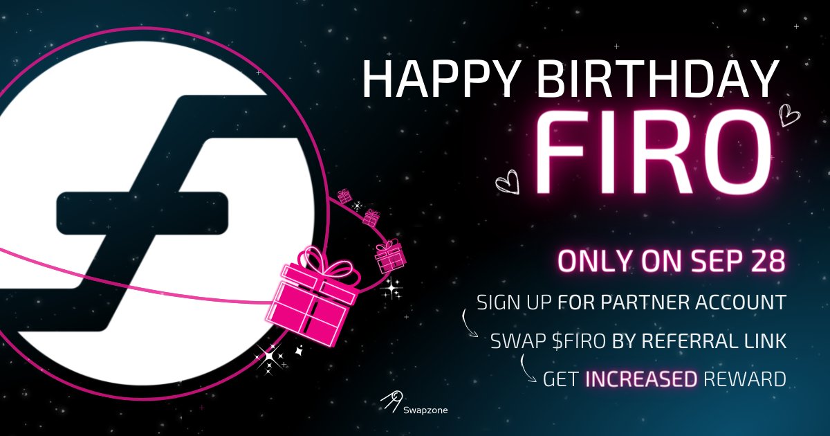 Yayy it's a #FIRO day!🎉
Happy B-day, our dearest <a href="/firoorg/">Firo $FIRO</a>❣️

We're here not empty-handed😌
Wanna get cashback for $FIRO swaps?👉Register here swapzone.io/partners and swap🔥 Get 0,15% back instead of 0.05%!

1 exchange today➡️increased reward forever!
swapzone.io/exchange/btc/f…