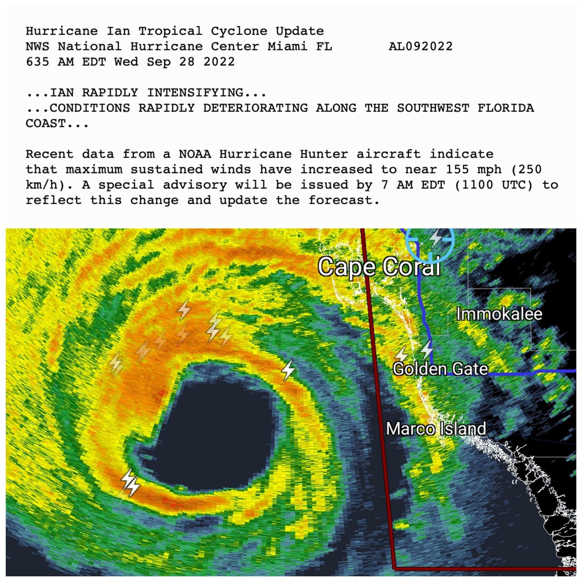 tropicalupdate's tweet photo. Doesn't get much worse. Ian is rapidly intensifying towards landfall. Now 155mph winds with 937mb. https://t.co/Hk3pbO84Yf #Ian #flwx #hurricane https://t.co/IWS5fHDbKn