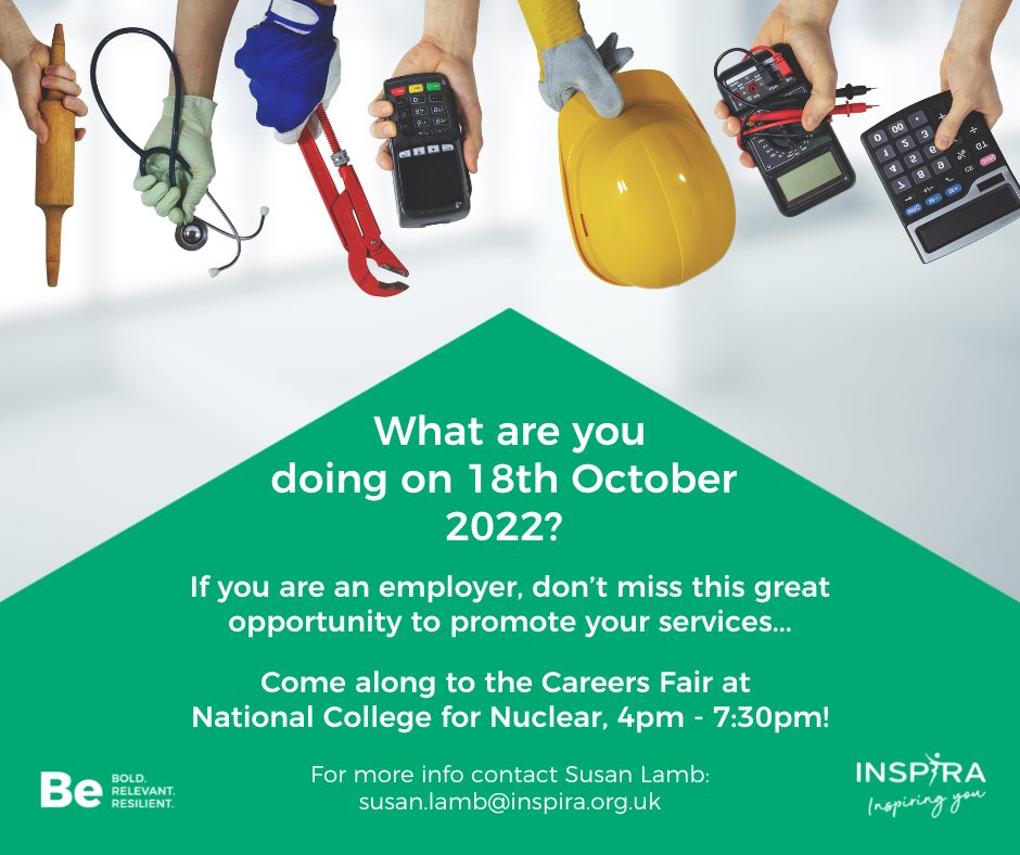 inspiraforlife's tweet photo. If you are an employer, apprenticeship provider, sixth form or college, come along to this great Careers Fair at National College for Nuclear, 18th October 4pm – 7:30pm! 
Contact Susan Lamb for more information and to book a stand: susan.lamb@inspira.org.uk

#CareersFair https://t.co/trNKYdXZrR