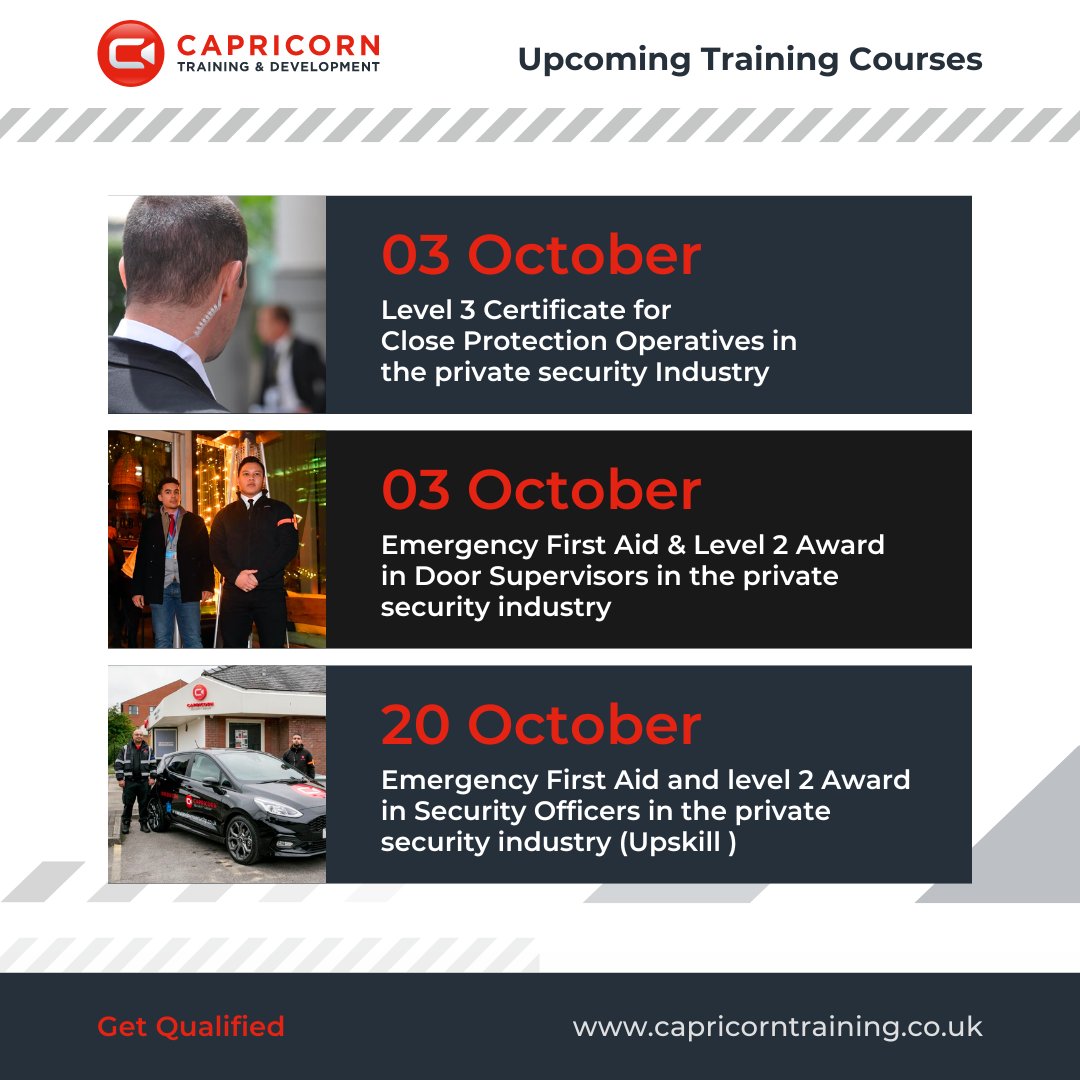 Check out our latest SIA Security Training courses. Get Qualified - Get Licenced. 🛡️ @SIAuk @askhighfield #trainingcourses #securitytraining #security #securityguard View all of our upcoming courses ⬇️: capricorntraining.co.uk/book-a-course/ capricorntraining.co.uk