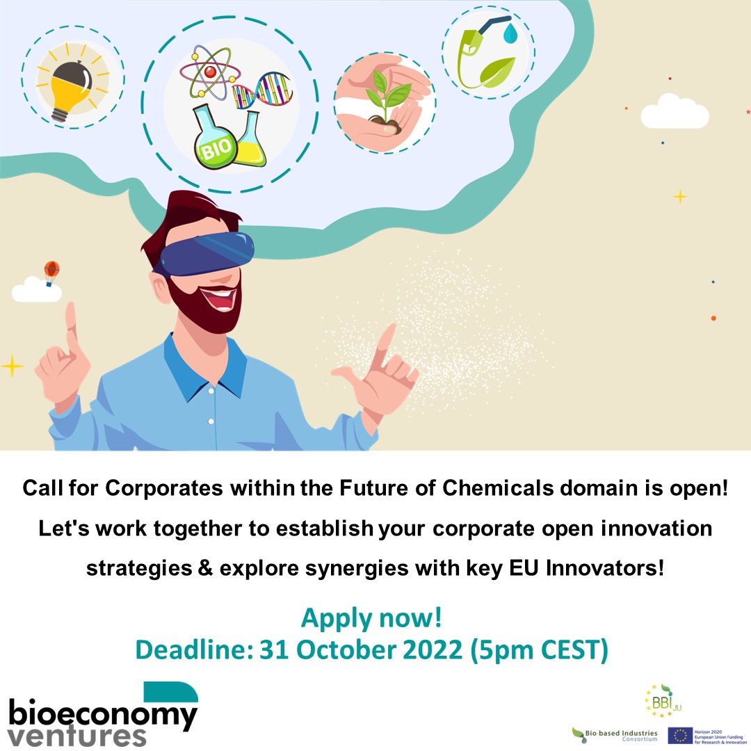Call for Corporates within the 🧪 𝐅𝐮𝐭𝐮𝐫𝐞 𝐨𝐟 𝐂𝐡𝐞𝐦𝐢𝐜𝐚𝐥𝐬 🧪  domain is 𝐎𝐏𝐄𝐍 📢

Apply for BioeconomyVentures #OpenCall ✔

Deadline for #Expression of #interest is October 3️⃣1️⃣st, 2️⃣0️⃣2️⃣2️⃣ - 1️⃣7️⃣:0️⃣0️⃣ CET ⏳

Get all the information 👉🏻 platform.bioeconomyventures.eu/opencalls-corp…