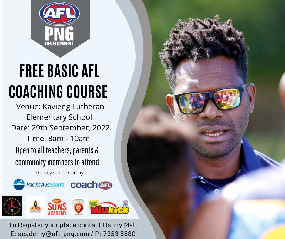 AFL PNG Talent Academy Manger Danny Meli is in Kavieng delivering a Free AFL community Coach &amp; Umpire course 

Venue - Kavieng Lutheran Elementary School 
Date - 29th September 
Time - 8-10am 

Contact Danny to book your place

#AFLCoaching #AFLPNGTalentAcademy #PacificAusSports